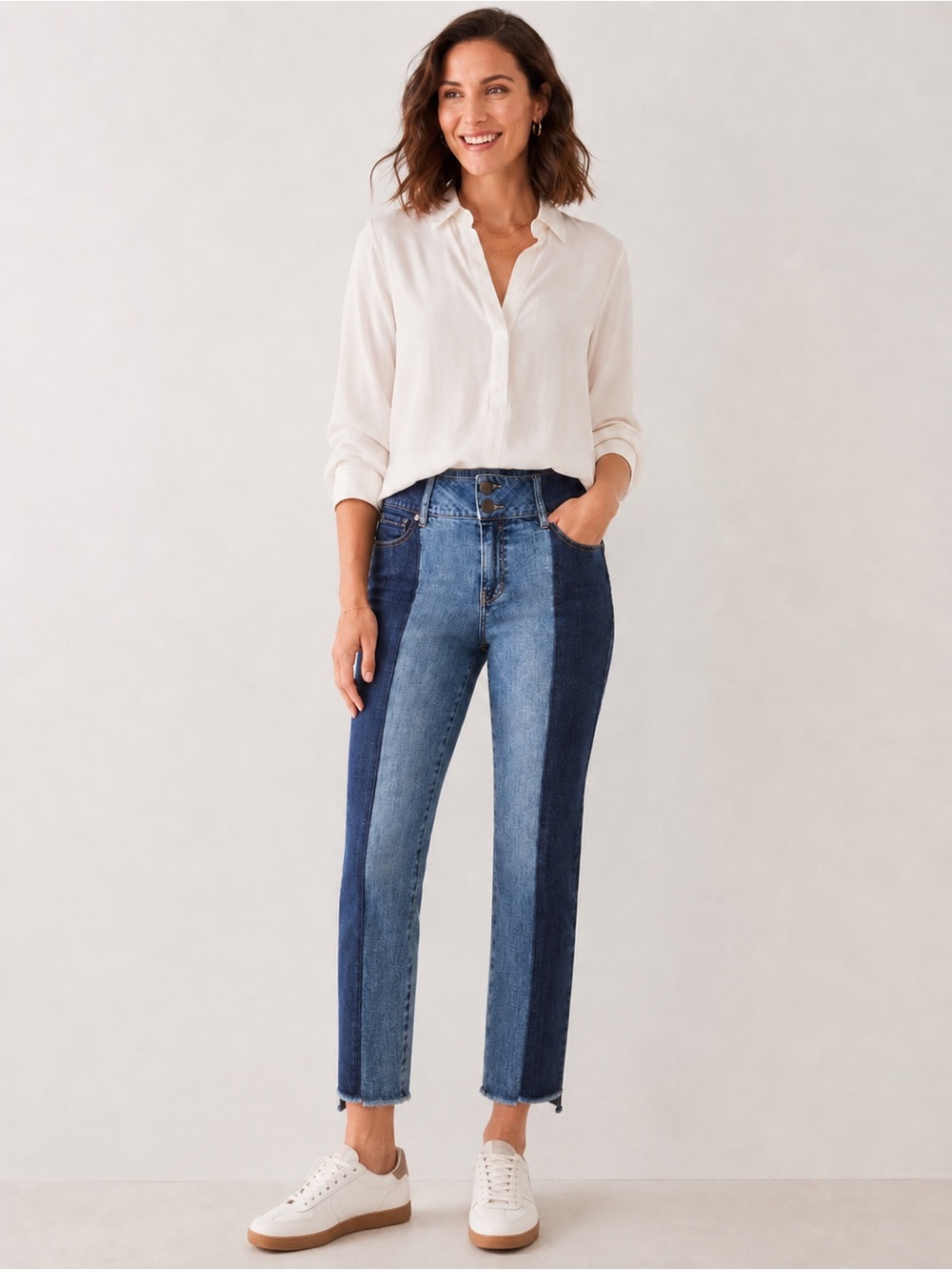 Cabi Hi-Low Crop Jeans Blue Ribbon Wash Two-Tone Panel Raw Hem Size 10